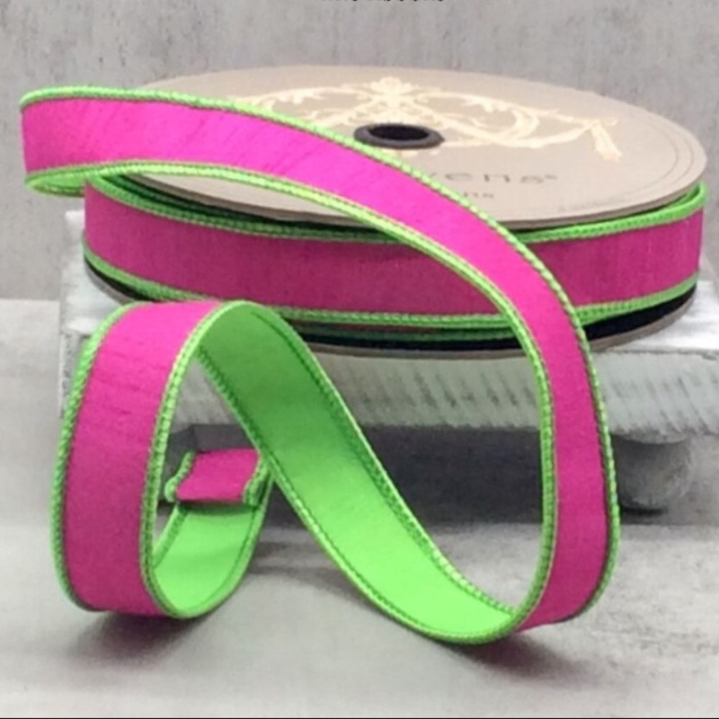 Pink and Green Double Sided Dupion Ribbon, 1 x 25YD
