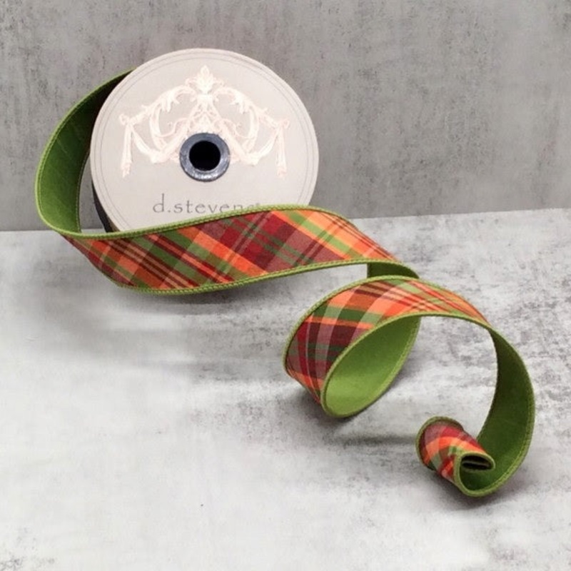 Auburn, Orange, and Green Plaid Ribbon, 1.5 X 10YD