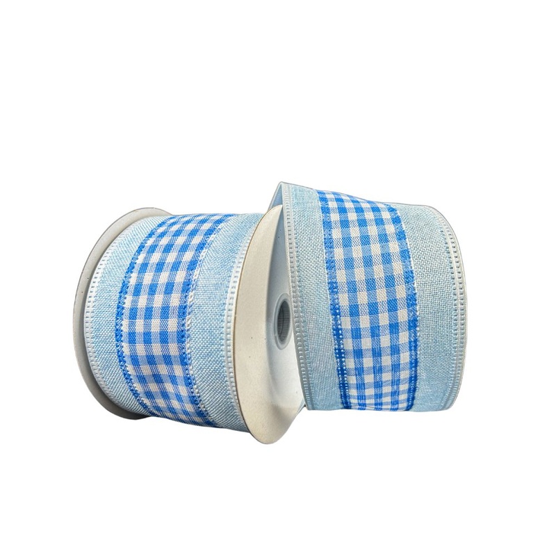 2.5 Blue/White Gingham with Lt Blue Border Ribbon – 10yds