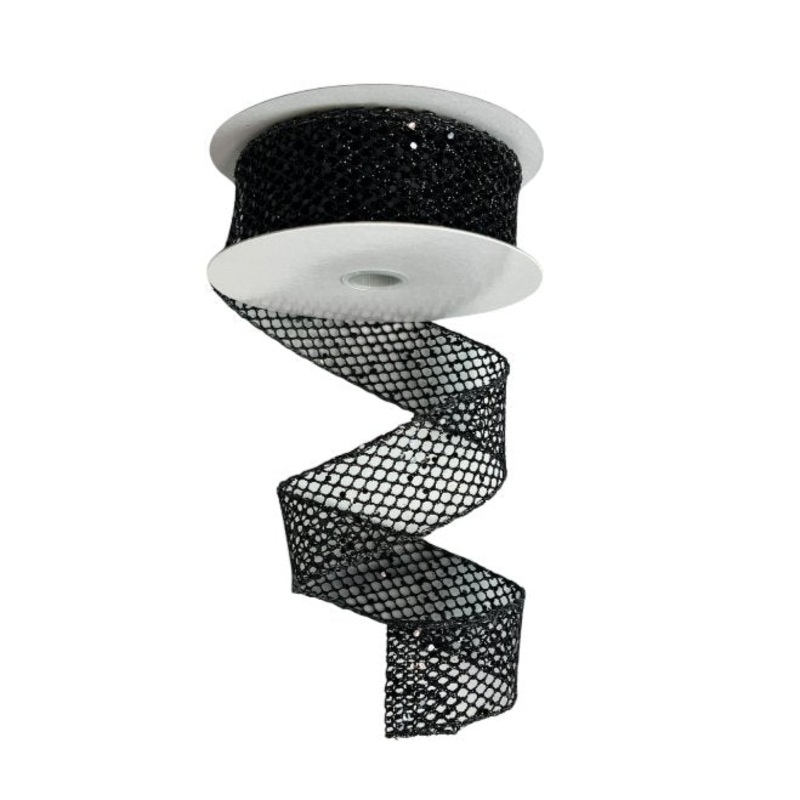 1.5 Black Glitter Net Ribbon – 10yds