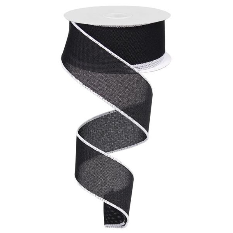 1.5 Black/White Edge Linen Ribbon – 10Yds
