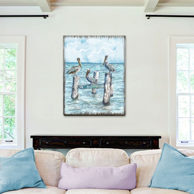 Waiting for a Catch Pelicans Wooden Coastal Wall Art by Nature Wonders – Coastal Sea-Life Decor – 95252-5B