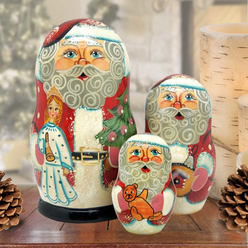 Santa with Angel Matreshka Nesting Hand-Painted Dolls Set of 3 by G. DeBrekht – Christmas Santa Snowman Decor – 110570