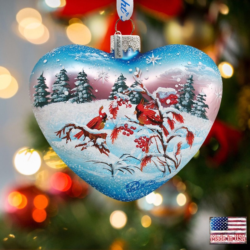 Winter Birds Heart Glass Ornament by G. DeBrekht – Christmas Decor – 73152