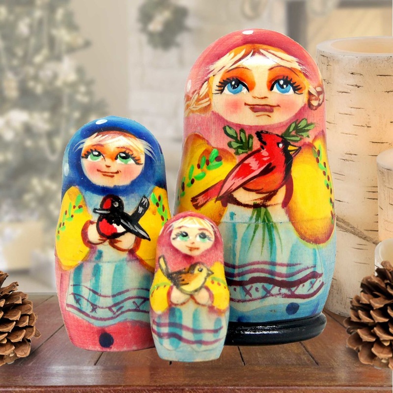 Birdie Friends Matreshka Nesting Hand-Painted Doll Set of 3 by G. DeBrekht – Christmas Decor – 14736