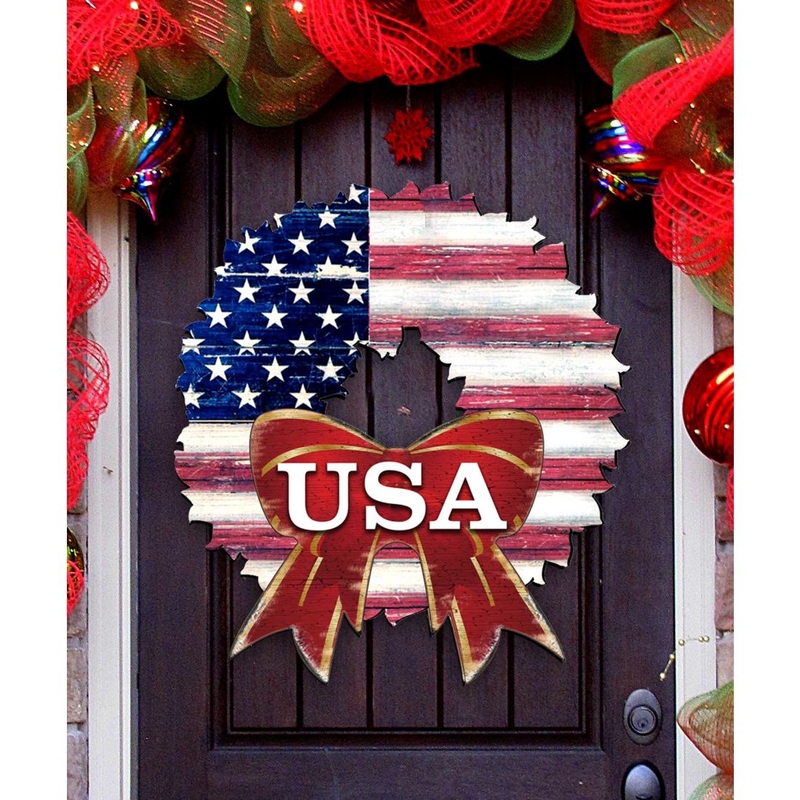 USA American Flag Wreath Holiday Door Decor by G. DeBrekht – American Christmas Decor – 8185302H-USA