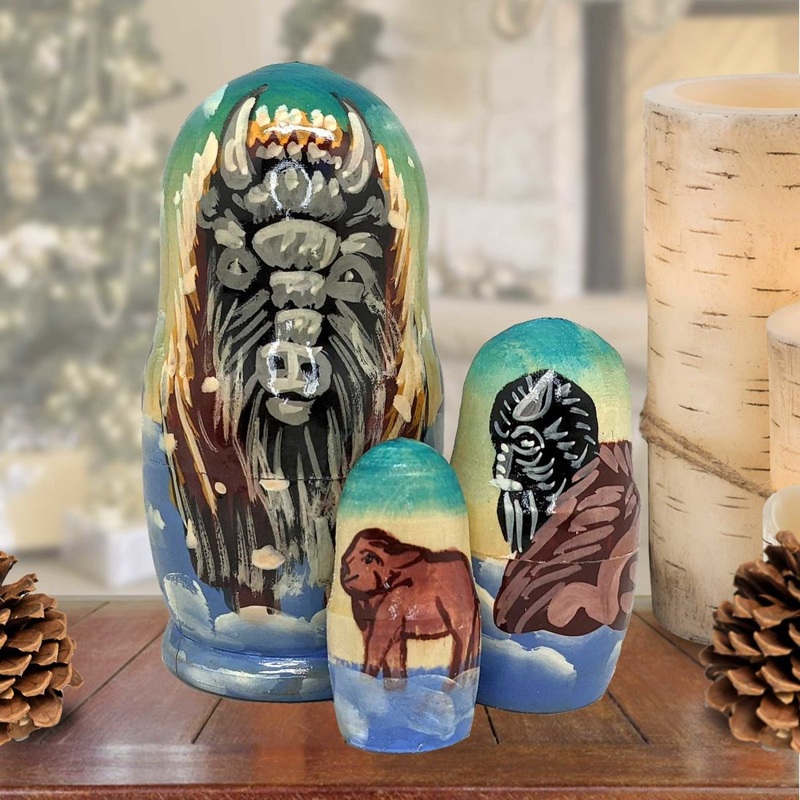 Bison Hand-Painted Doll Matreshka Nesting Hand-Painted Doll Set of 3 by G. DeBrekht – Wildlife Holiday Decor – 14766