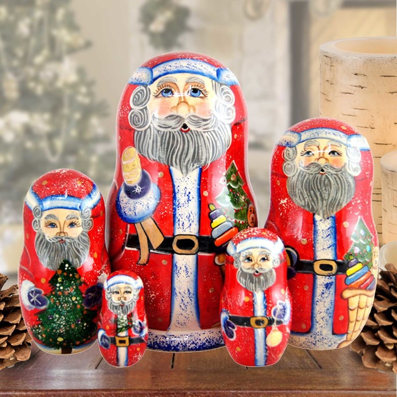 Bell Rink Santa Matreshka Nesting Hand-Painted Doll Set of 5 by G. DeBrekht – Christmas Santa Snowman Decor – 110082