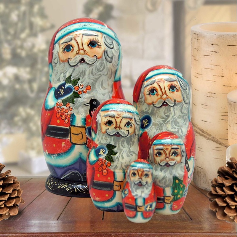 Birdy Santa Matreshka Nesting Hand-Painted Doll Set of 5 by G. DeBrekht – Christmas Santa Snowman Decor – 110074