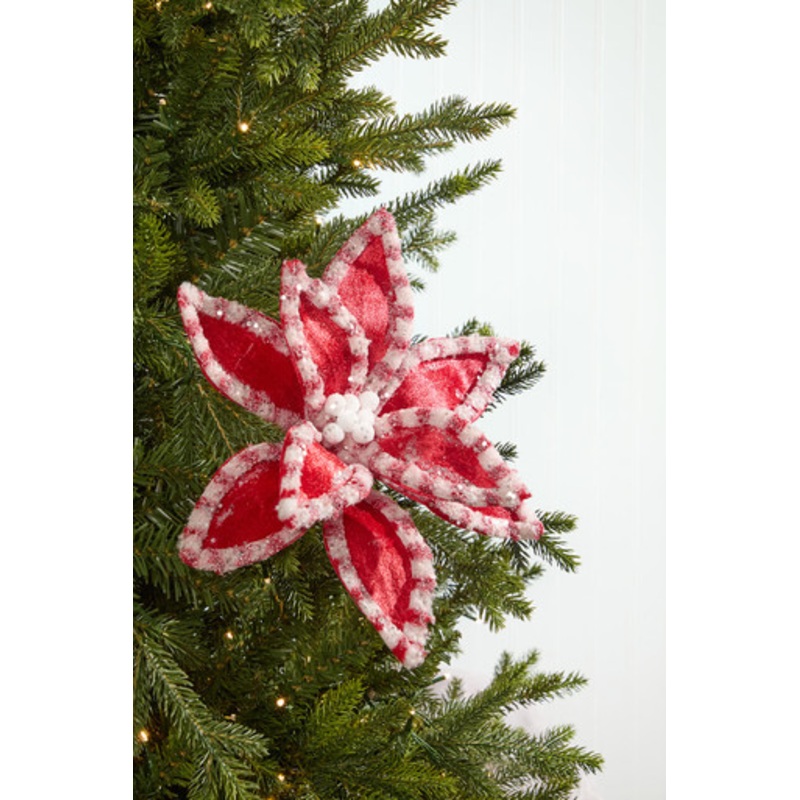 22 Red & White Candy with Snow Glitter Poinsettia Stem