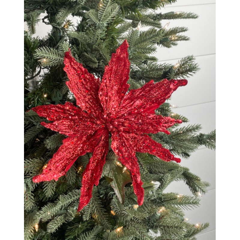 30 Red Textured Glitter Poinsettia Stem