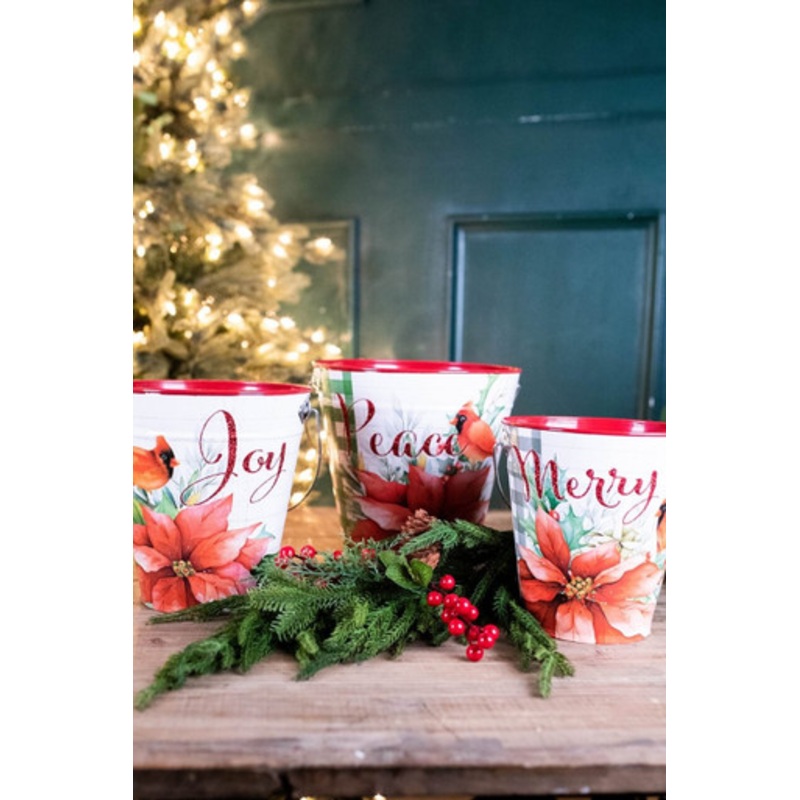 Metal Holiday Poinsettia & Cardinal Buckets – Set of 3
