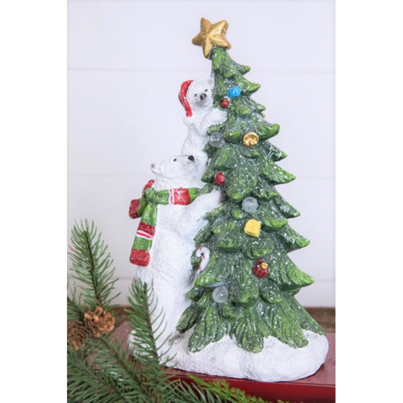 13.5 B/O Lighted Resin Polar Bear with Baby & Tree