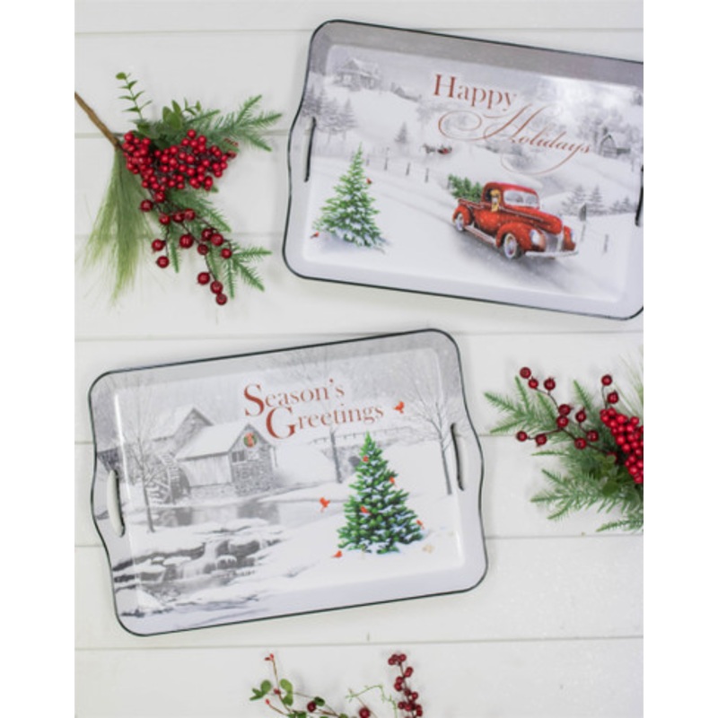 17.3L Holiday Farmhouse Red Truck Scene Tray