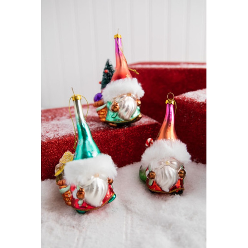 5 Glass Ornament Gnome Carrying Mushrooms/Presents
