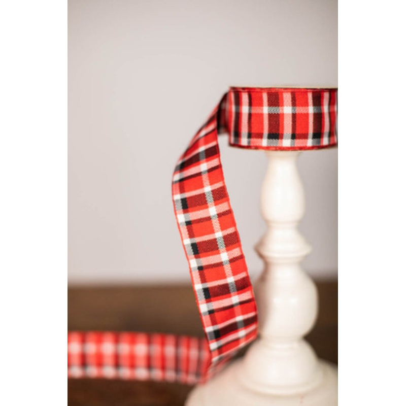 1.5 x 10 Yard Red/Black/White Plaid Ribbon
