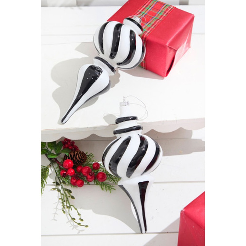 10 White & Black Striped Finial Glass Ornament