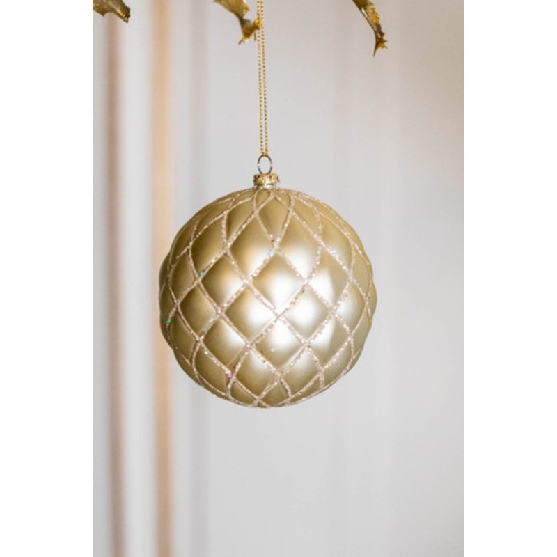 10 CM Champagne Matte Glitter Quilted Net Ball Ornament
