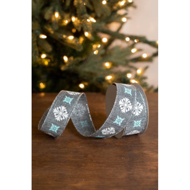 1.5 x 10 Yard Gray/White/Teal Floral Design Ribbon