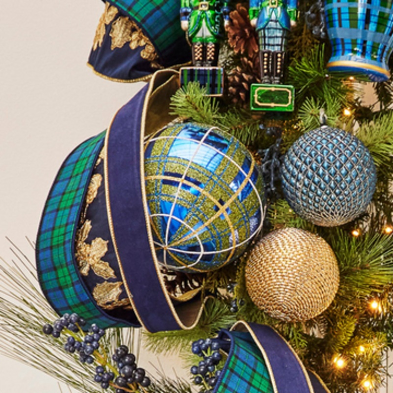 Raz 6 Large Blue and Green Plaid Glitter Ball Christmas Ornament 4432727